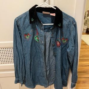 Vintage Denim Holiday/Ornament Button Up Shirt with Velvet Collar